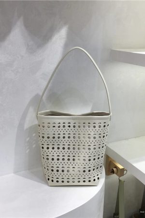 Summer Hollow Carved Design Soft Leather Large Capacity Shoulder Bucket Bag - Trendy Y2K Fashion Accessory