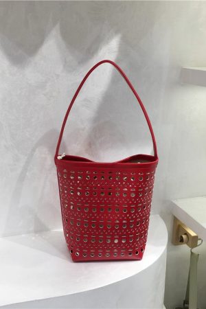 Summer Hollow Carved Design Soft Leather Large Capacity Shoulder Bucket Bag - Trendy Y2K Fashion Accessory
