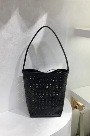 Summer Hollow Carved Design Soft Leather Large Capacity Shoulder Bucket Bag - Trendy Y2K Fashion Accessory