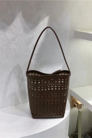 Summer Hollow Carved Design Soft Leather Large Capacity Shoulder Bucket Bag - Trendy Y2K Fashion Accessory