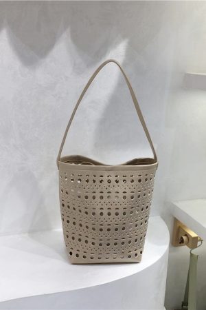 Summer Hollow Carved Design Soft Leather Large Capacity Shoulder Bucket Bag - Trendy Y2K Fashion Accessory