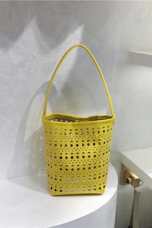 Summer Hollow Carved Design Soft Leather Large Capacity Shoulder Bucket Bag - Trendy Y2K Fashion Accessory