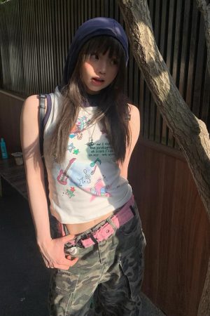 Summer Hooded Sleeveless Vest for Women, Creative Printed Slim Fit T-Shirt, Trendy Cool Style for Girls