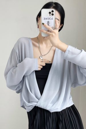 Summer Knot Shawl Long Sleeve Airy Chiffon Top - Sun Protection Slim Fit Wrinkled Outer Shirt for Air Conditioning