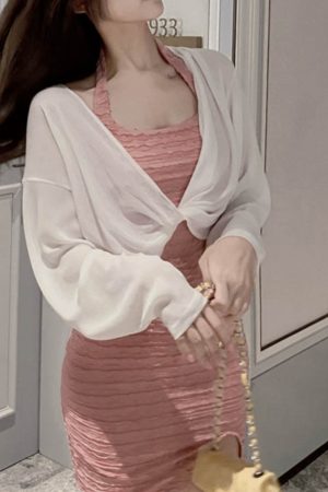 Summer Knot Shawl Long Sleeve Airy Chiffon Top - Sun Protection Slim Fit Wrinkled Outer Shirt for Air Conditioning