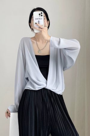 Summer Knot Shawl Long Sleeve Airy Chiffon Top - Sun Protection Slim Fit Wrinkled Outer Shirt for Air Conditioning