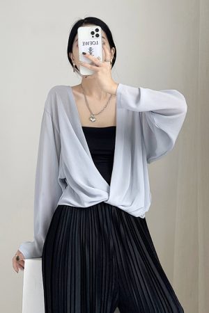 Summer Knot Shawl Long Sleeve Airy Chiffon Top - Sun Protection Slim Fit Wrinkled Outer Shirt for Air Conditioning