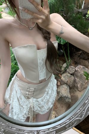 Summer Lace Splicing Fishbone Bustier & Short Skirt Two-Piece Set - Sweet Desire Aesthetic, Perfect for 90s or Y2K Style Outfits