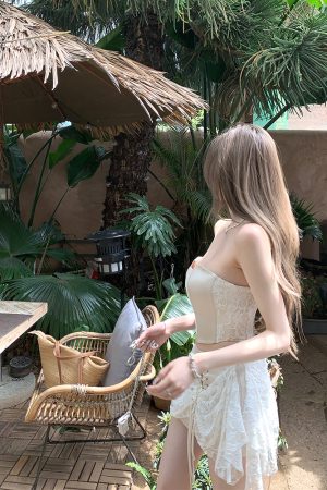 Summer Lace Splicing Fishbone Bustier & Short Skirt Two-Piece Set - Sweet Desire Aesthetic, Perfect for 90s or Y2K Style Outfits