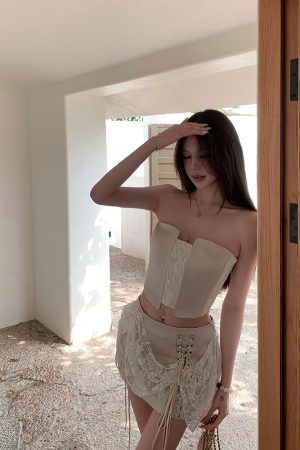 Summer Lace Splicing Fishbone Bustier & Short Skirt Two-Piece Set - Sweet Desire Aesthetic, Perfect for 90s or Y2K Style Outfits
