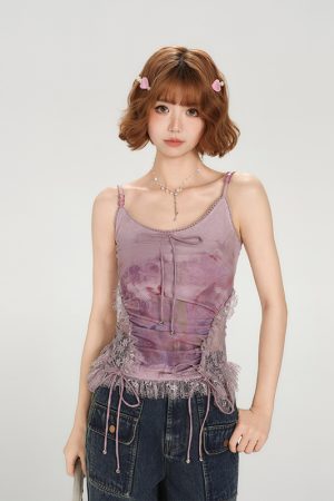 Summer Lace Splicing Printed Slim-Fit Tank Top for Women - American Style Spicy Girl Fashion