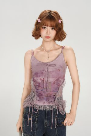 Summer Lace Splicing Printed Slim-Fit Tank Top for Women - American Style Spicy Girl Fashion