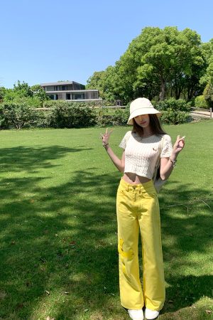 Summer Lemon Yellow Wide-Leg Jeans for Women - Loose Slim Fit Mid-Waist - Trendy Y2K Style