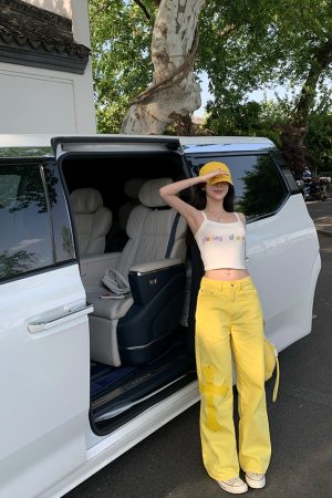 Summer Lemon Yellow Wide-Leg Jeans for Women - Loose Slim Fit Mid-Waist - Trendy Y2K Style