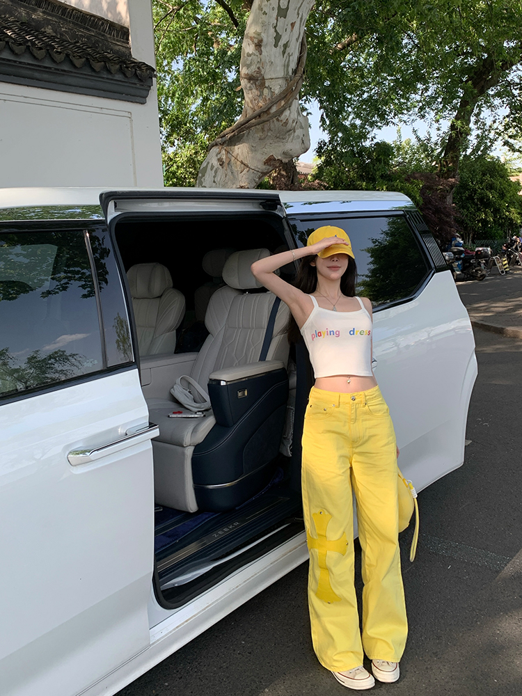 Summer Lemon Yellow Wide-Leg Jeans for Women - Loose Slim Fit Mid-Waist - Trendy Y2K Style Summer Lemon Yellow Wide-Leg Jeans for Women - Loose Slim Fit Mid-Waist - Trendy Y2K Style