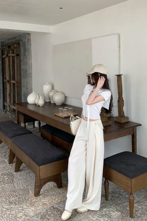Summer Linen Wide-Leg Pants for Women - Elegant Draped Loose Beige Casual Trousers for Holiday Style