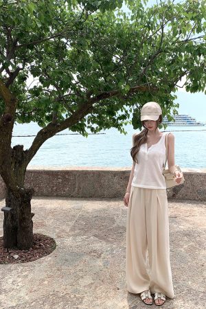 Summer Linen Wide-Leg Pants for Women - Elegant Draped Loose Beige Casual Trousers for Holiday Style