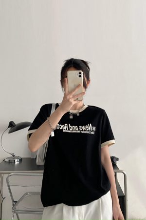 Summer Loose Fit Cotton T-Shirt for Women - Vintage Style Short Sleeve Top with Letter Print - Casual 90s Inspired Fashion