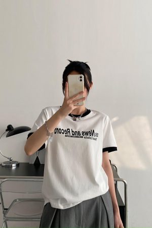 Summer Loose Fit Cotton T-Shirt for Women - Vintage Style Short Sleeve Top with Letter Print - Casual 90s Inspired Fashion