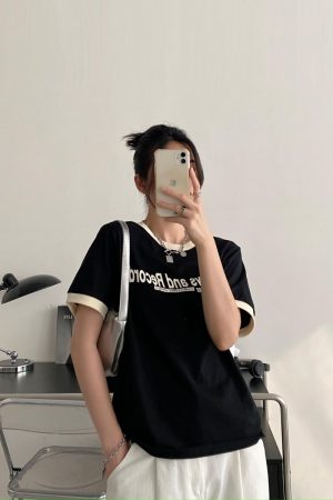 Summer Loose Fit Cotton T-Shirt for Women - Vintage Style Short Sleeve Top with Letter Print - Casual 90s Inspired Fashion