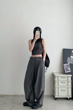 Summer Loose Low-Waist Drawstring Cargo Pants for Women - Spicy Girl Style Wide-Leg Pleated Parachute Pants