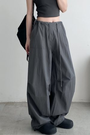 Summer Loose Low-Waist Drawstring Cargo Pants for Women - Spicy Girl Style Wide-Leg Pleated Parachute Pants