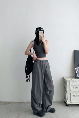 Summer Loose Low-Waist Drawstring Cargo Pants for Women - Spicy Girl Style Wide-Leg Pleated Parachute Pants