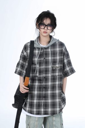 Summer Loose Plaid Hooded Short-Sleeve Shirt for Women - Casual Chic Style