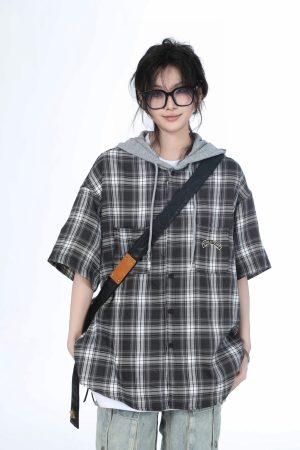 Summer Loose Plaid Hooded Short-Sleeve Shirt for Women - Casual Chic Style