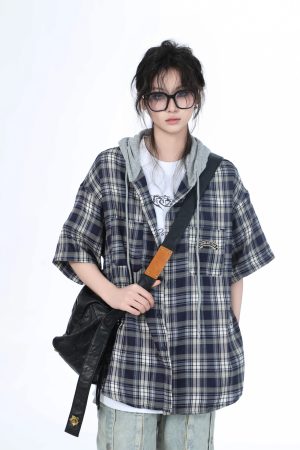 Summer Loose Plaid Hooded Short-Sleeve Shirt for Women - Casual Chic Style