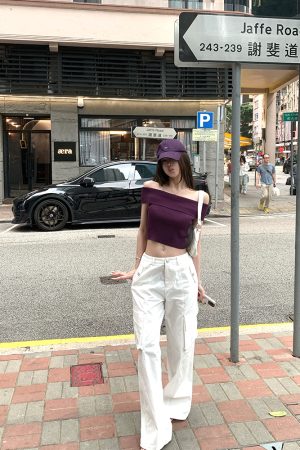 Summer Love Confession One-Shoulder Knitted Top for Women, Thin Purple Sweet Desire T-Shirt, Perfect for 90s Inspired Summer Style