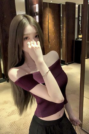 Summer Love Confession One-Shoulder Knitted Top for Women, Thin Purple Sweet Desire T-Shirt, Perfect for 90s Inspired Summer Style