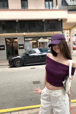 Summer Love Confession One-Shoulder Knitted Top for Women, Thin Purple Sweet Desire T-Shirt, Perfect for 90s Inspired Summer Style