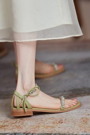 Summer Low-Heeled Flat Sandals for Women - One-Strap Design, Forest Style, Fairy Vibe, Slimming Fit with Water Diamonds
