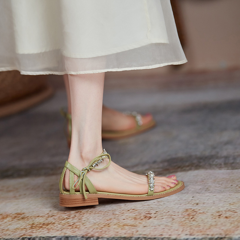 Summer Low-Heeled Flat Sandals for Women - One-Strap Design, Forest Style, Fairy Vibe, Slimming Fit with Water Diamonds Summer Low-Heeled Flat Sandals for Women - One-Strap Design, Forest Style, Fairy Vibe, Slimming Fit with Water Diamonds