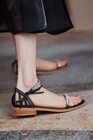 Summer Low-Heeled Flat Sandals for Women - One-Strap Design, Forest Style, Fairy Vibe, Slimming Fit with Water Diamonds