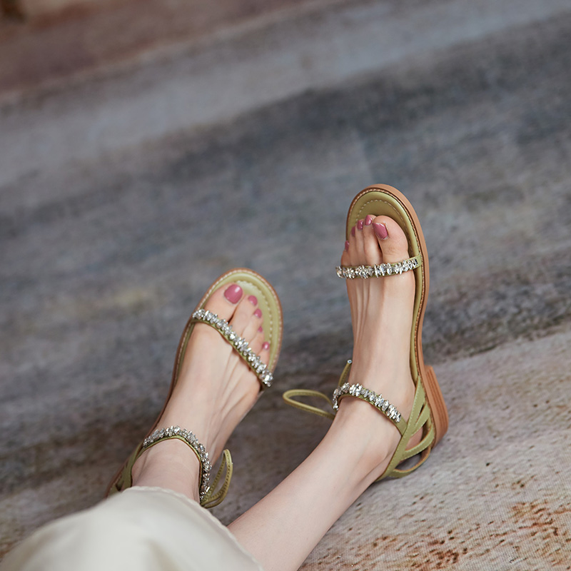 Summer Low-Heeled Flat Sandals for Women - One-Strap Design, Forest Style, Fairy Vibe, Slimming Fit with Water Diamonds Summer Low-Heeled Flat Sandals for Women - One-Strap Design, Forest Style, Fairy Vibe, Slimming Fit with Water Diamonds