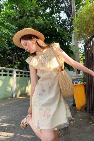 Summer of Cicadas Chinese Style Embroidered Button Short Sleeve Dress for Women - Vintage Short Flutter Sleeve Skirt
