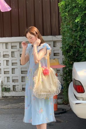 Summer of Cicadas Chinese Style Embroidered Button Short Sleeve Dress for Women - Vintage Short Flutter Sleeve Skirt