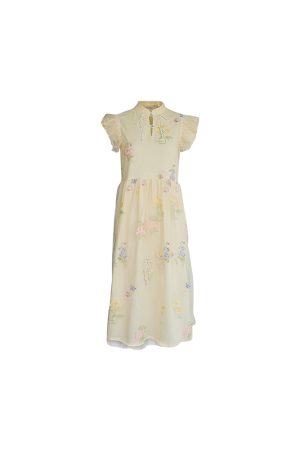 Summer of Cicadas Chinese Style Embroidered Button Short Sleeve Dress for Women - Vintage Short Flutter Sleeve Skirt