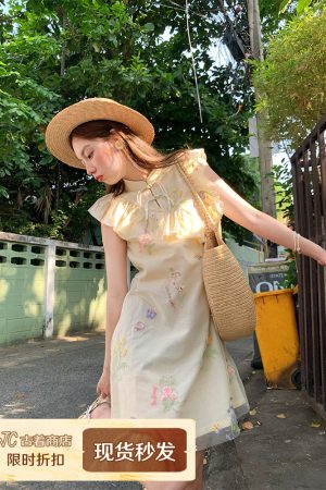 Summer of Cicadas Chinese Style Embroidered Button Short Sleeve Dress for Women - Vintage Short Flutter Sleeve Skirt