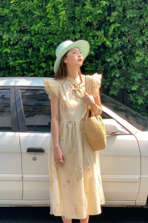 Summer of Cicadas Chinese Style Embroidered Button Short Sleeve Dress for Women - Vintage Short Flutter Sleeve Skirt