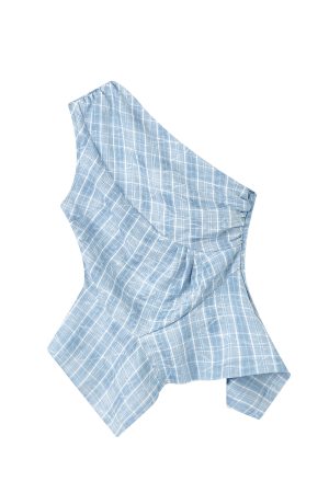 Summer Off-Shoulder Blue Checkered Vest with Irregular Ruffles - Women's Hong Kong Style Sleeveless Top