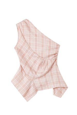 Summer Off-Shoulder Blue Checkered Vest with Irregular Ruffles - Women's Hong Kong Style Sleeveless Top