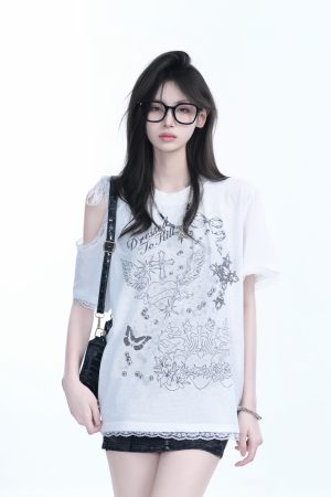 Summer Off-Shoulder Lace Spliced Short Sleeve T-Shirt for Women - Sweet Loose Fit, Trendy Ins Style, Perfect for 90s Y2K Looks