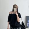 Summer Off-Shoulder Loose Fit Two-Way T-Shirt for Women - Slim-Fit Short Sleeve Top in Sun Grapefruit - Casual 90s Style