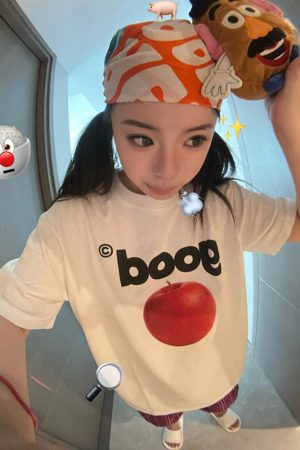 Summer Oversized Apple Print T-Shirt for Women - Casual Round Neck Heavyweight Short Sleeve Top, American Style Fashion