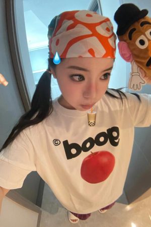 Summer Oversized Apple Print T-Shirt for Women - Casual Round Neck Heavyweight Short Sleeve Top, American Style Fashion