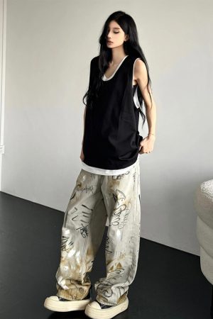 Summer Patchwork Sleeveless T-shirt Vest for Women, Loose American Street Style Two-Piece Top, Trendy Casual Fashion