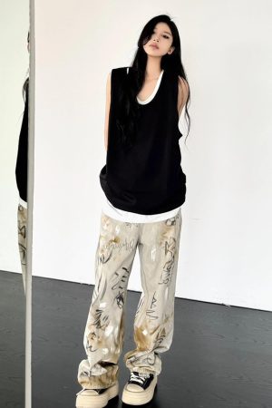 Summer Patchwork Sleeveless T-shirt Vest for Women, Loose American Street Style Two-Piece Top, Trendy Casual Fashion